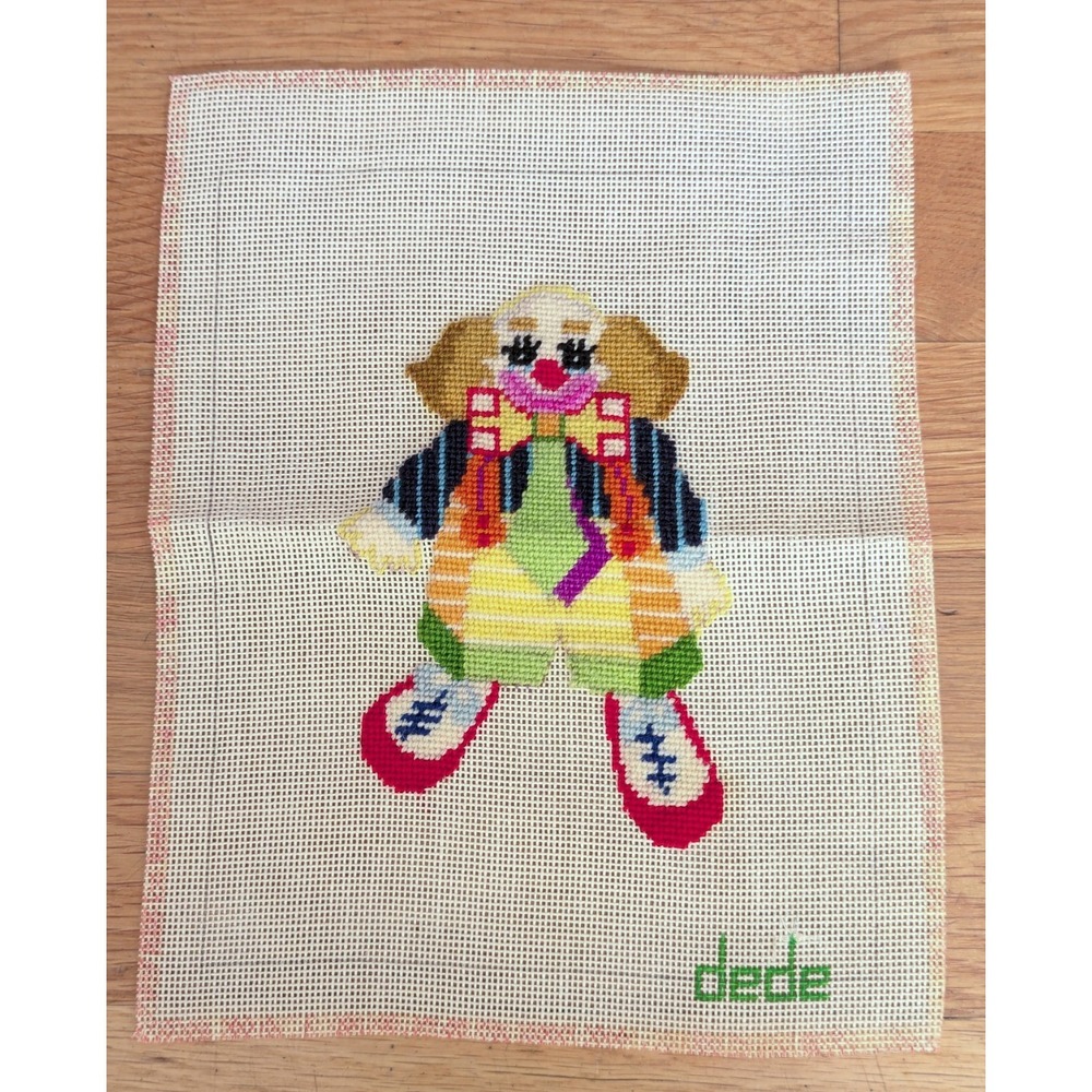 Vintage Completed Dede Needlepoint Happy Clown 8x10" Canvas Circus Wall Decor